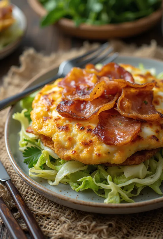 Okonomiyaki tojással egyenletesen sütve, friss káposztával, egy kis sült húslappal tálalva