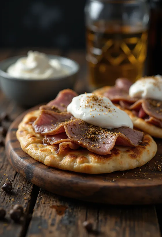 Piadina sült bárányhússal és fűszeres joghurttal tálalva