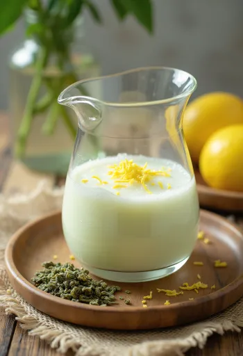 Citromos zöld tea kefir poharakban tálalva, világos színű ital, reszelt citromhéjjal megszórva