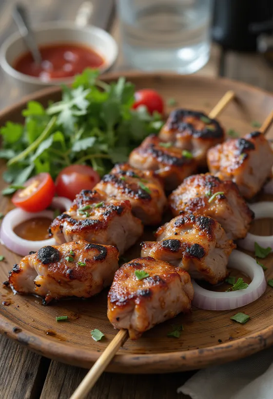 Shashlik orosz húsos nyársak tálalva