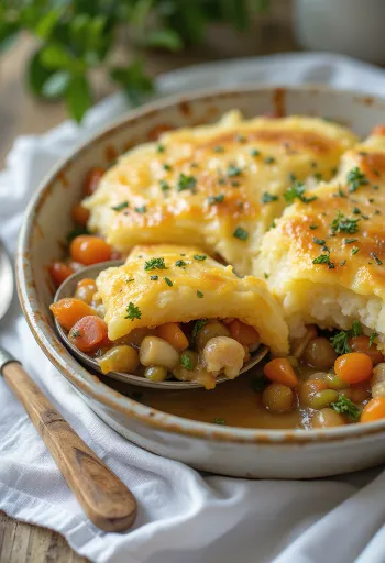 Shepherd’s pie zöldségekkel tálalva, burgonyapürével a tetején