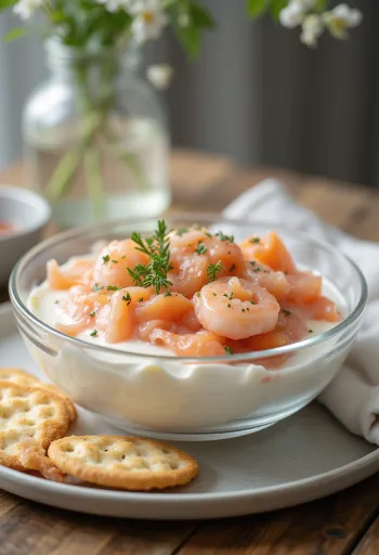 Skagenröra joghurttal, friss hal és fűszerek tálalva