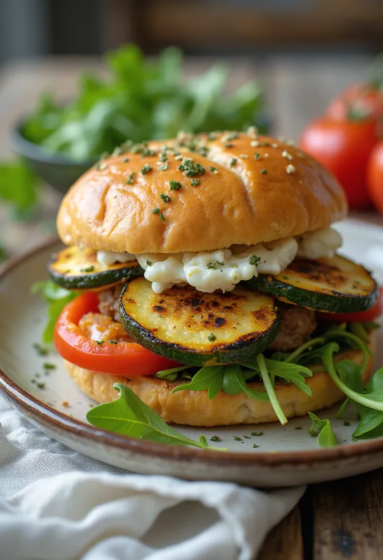 Sült zöldséges burger tálalva