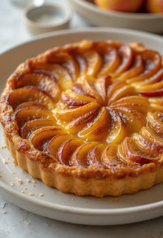 Tarte Tatin karamellizált almával és ropogós tésztával tálalva