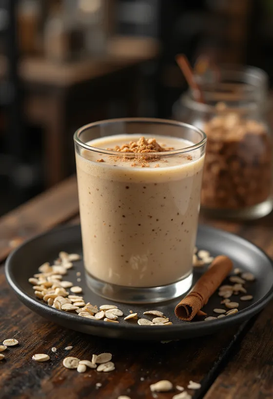 Zabpelyhes smoothie magas pohárban, zabpehellyel és fahéjjal díszítve