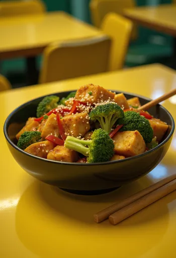 Zöldséges tofu wok friss korianderrel tálalva