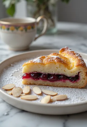 Bakewell tart cseresznyelekvárral, mandulás tésztával, aranybarnára sült pite
