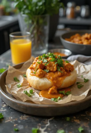 Bunny chow csirke curryvel, pirított kenyérrel tálalva