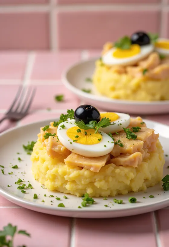 Causa de atún tálalva, tonhal, tojás és majonéz díszítéssel