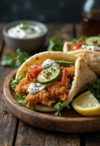 Csirke gyros friss zöldségekkel, tzatziki szósszal és pita kenyérrel tálalva.
