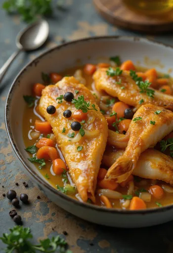 Escabeche hal zöldségekkel tálalva