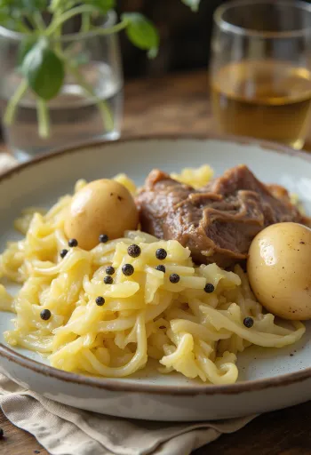 Fårikål főtt burgonyával, gazdag bárányhússal és káposztával tálalva