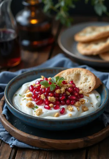 Fatteh gránátalmával, pirított pita darabokkal, csicseriborsóval, tahinis joghurttal, pörkölt fenyőmaggal és gránátalma magokkal.