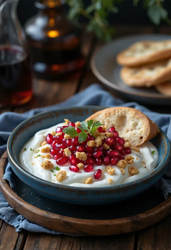 Fatteh gránátalmával, pirított pita darabokkal, csicseriborsóval, tahinis joghurttal, pörkölt fenyőmaggal és gránátalma magokkal.