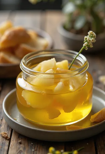 Fokhagymás ghee, aranyszínű, tiszta vaj egy tálban, mellette fokhagyma és rozmaring ágak