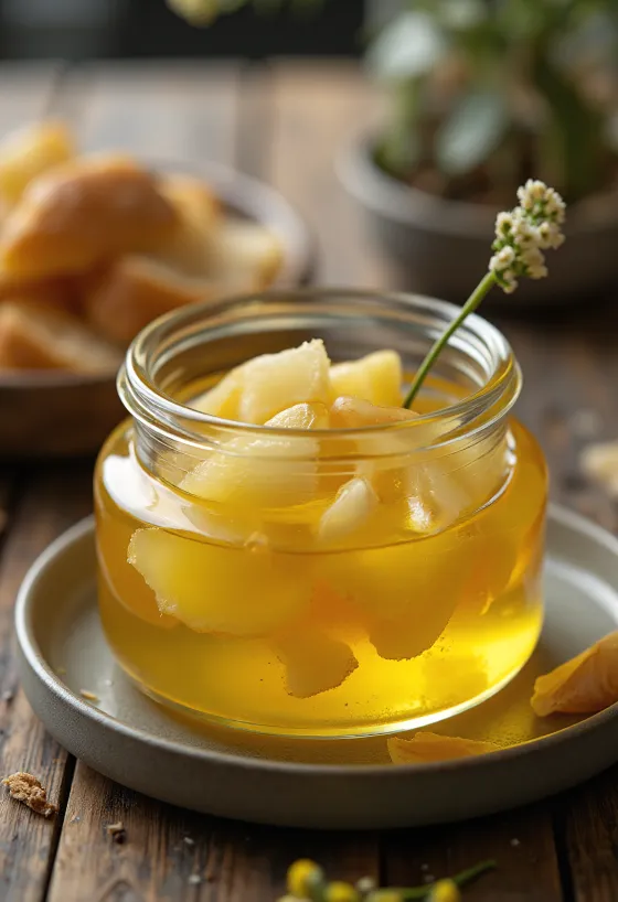 Fokhagymás ghee, aranyszínű, tiszta vaj egy tálban, mellette fokhagyma és rozmaring ágak