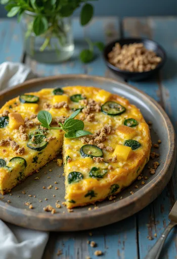 Frittata vegán változatban tofuból és zöldségekkel tálalva, friss petrezselyemmel
