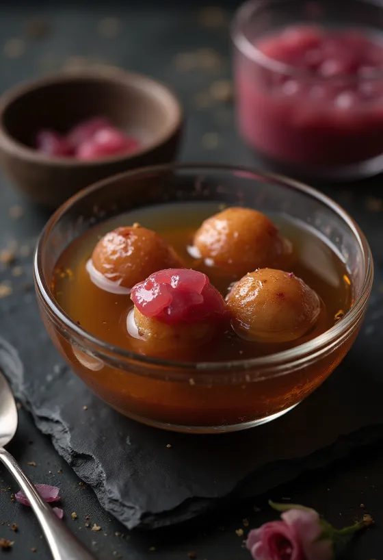 Gulab Jamun gulkanddal, rózsavizes szirupban tálalva.