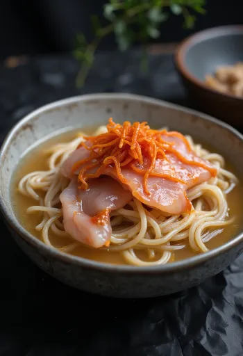 Hoe Naengmyeon, koreai hideg tészta nyers hal szeletekkel, uborkával és tojással