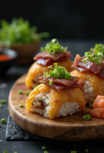 Inarizushi bulgogi marhahússal, tálalva nori alga és szezámmag díszítéssel