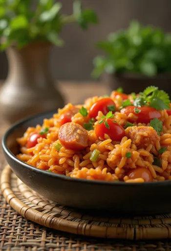Jambalaya paradicsommal, csirkével és kolbásszal, rizses egytálétel