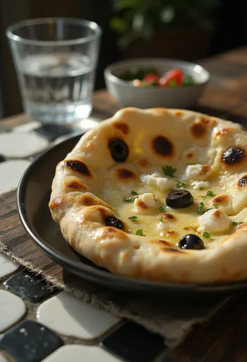 Kecskesajtos-olívás naan kenyér tálalva