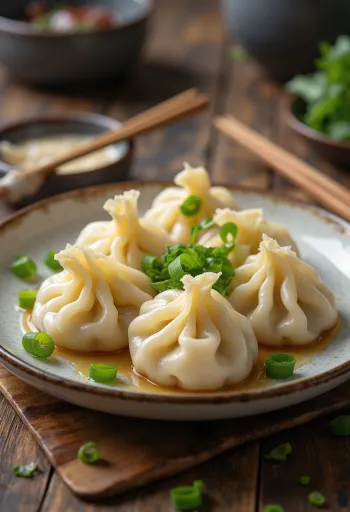 Kínai jiaozi tálalva, főtt állapotban, világos porcelántányéron