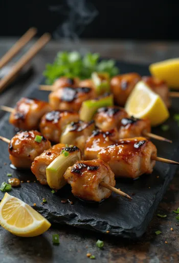 Klasszikus yakitori, grillezett csirke pálcikán, szezámmaggal és friss zöldhagymával tálalva