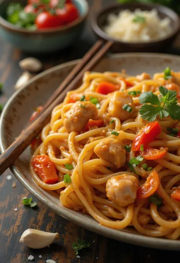 Lagman csirkével, tésztával, zöldségekkel és szójaszószos öntettel