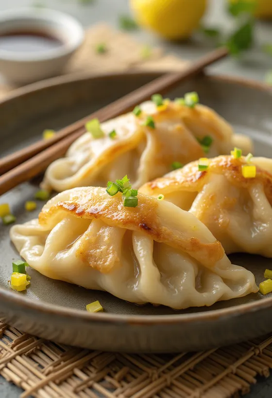 Lemongrass Chicken Gyoza szójaszószos tálalásban