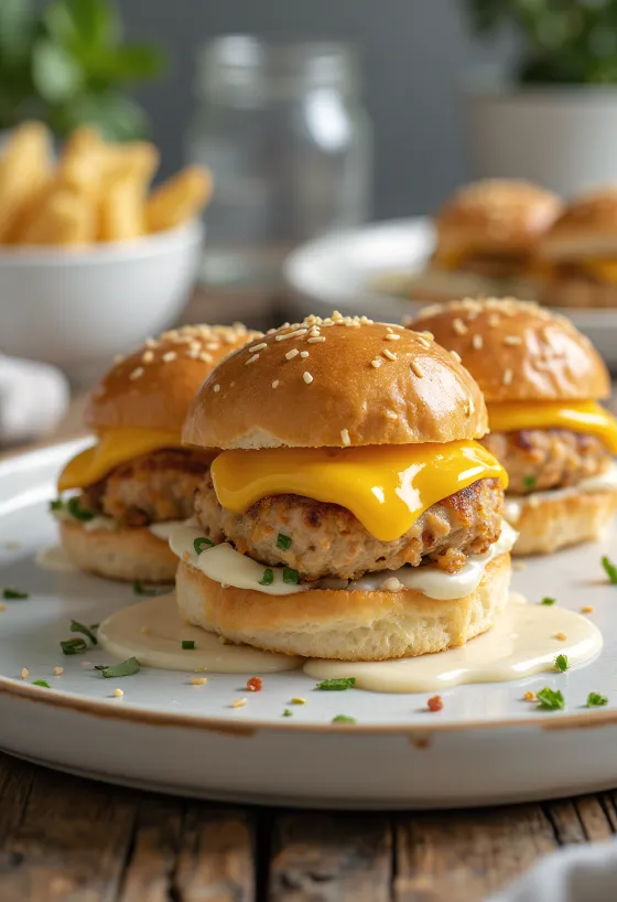 Mini csirkehúsos burger grillezett csirkepogácsával és olvadó sajttal