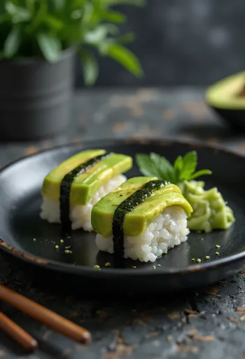 Nigiri avokádóval aranybarnára sült hal szeletekkel, wasabival és szójaszósszal