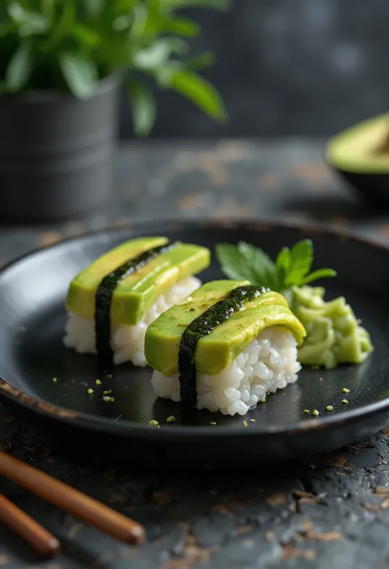 Nigiri avokádóval aranybarnára sült hal szeletekkel, wasabival és szójaszósszal