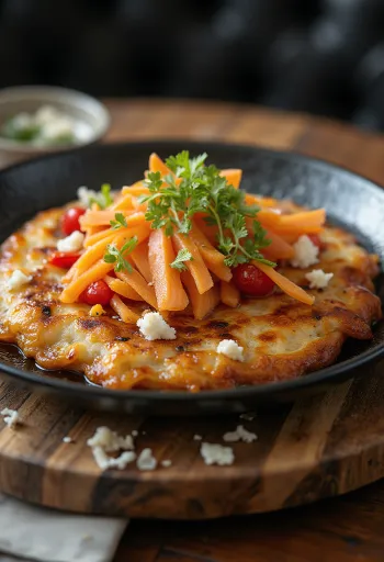 Zöldségekkel készült okonomiyaki tálalva, okonomiyaki szósszal és bonito pelyhekkel