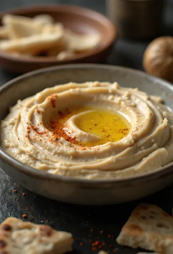 Prebiotikus fokhagymás hummus tálalva, olívaolajjal meglocsolva