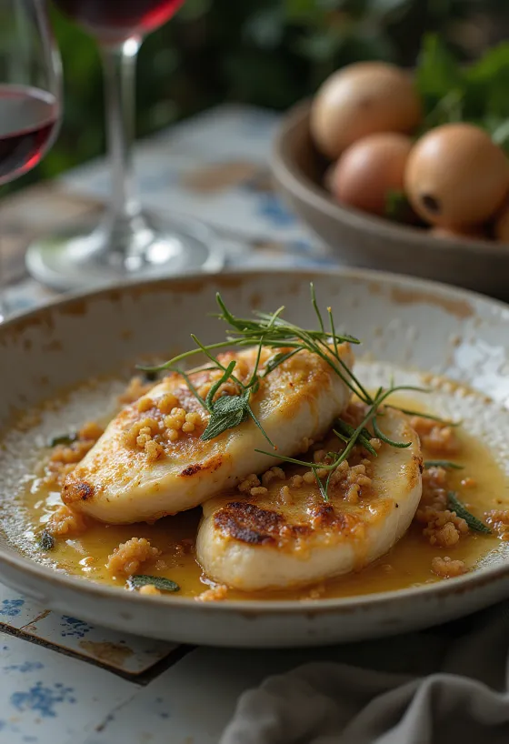 Saltimbocca borjúból, zsályás vajmártással, parmai sonkával tálalva, elegáns tálon