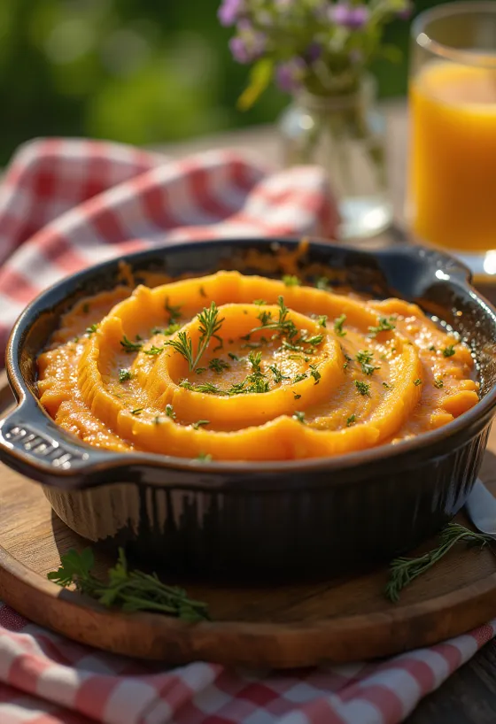 Shepherd’s pie édesburgonyával tálalva, pürésített édesburgonyával a tetején