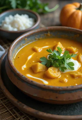 Sütőtök curry tálalva korianderrel
