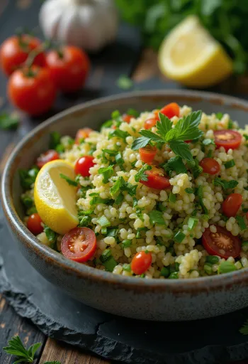 Tabbouleh fokhagymával friss zöldségekkel és bulgurral tálalva