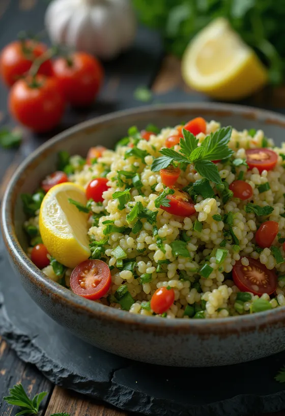Tabbouleh fokhagymával friss zöldségekkel és bulgurral tálalva