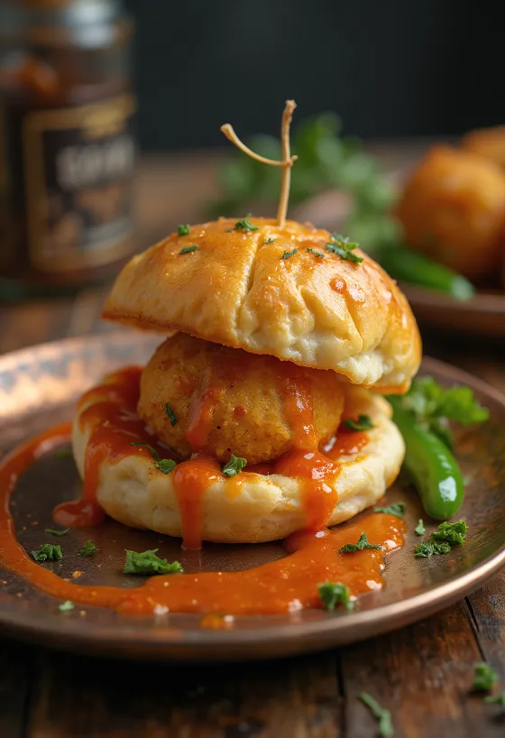 Vada Pav, fűszeres burgonyagolyókkal, pirított zsemlében tálalva