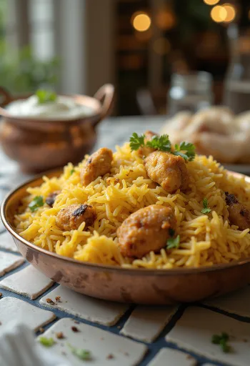 Yakhni Pulao, fűszeres csirke és rizs tálalva