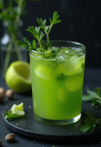 Zeller juice magas pohárban, friss zellerszárakkal és gyümölcsökkel díszítve