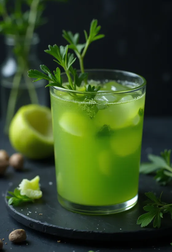 Zeller juice magas pohárban, friss zellerszárakkal és gyümölcsökkel díszítve
