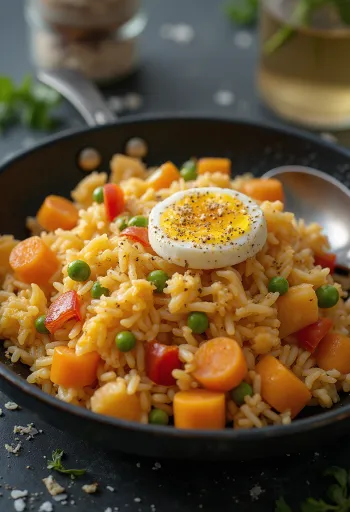 Arroz Chaufa zöldségekkel tálalva, tojás szeletekkel és pirított zöldségekkel