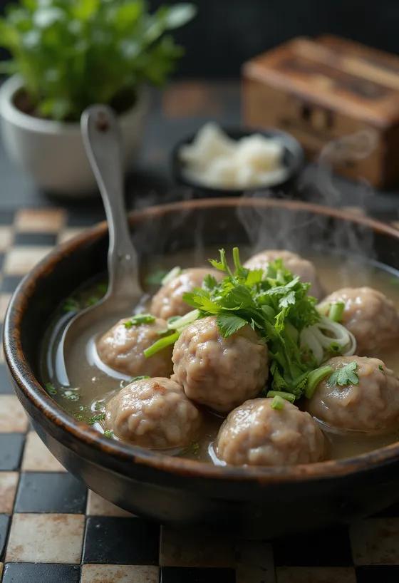 Bakso marhahússal, gazdag húslevesben, friss korianderrel tálalva