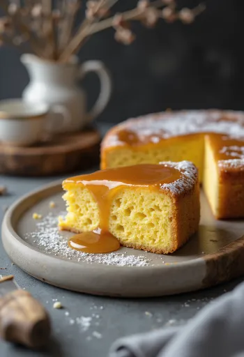 Bolo de fubá karamellöntettel, frissen tálalva