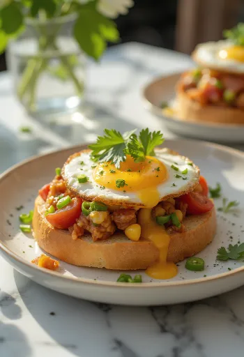 Bunny chow tojással, paradicsomos-zöldséges keverékkel és sült tojással tálalva