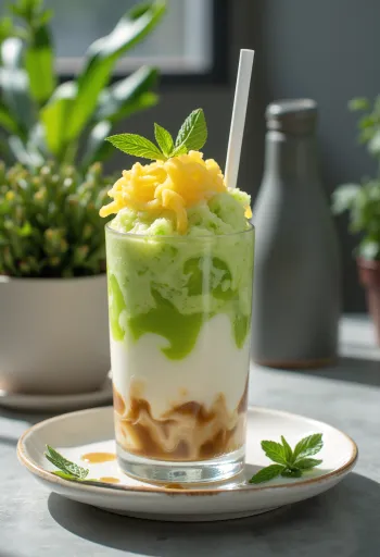 Cendol jackfruittal, egy frissítő trópusi desszert zöld cendol tésztával és jackfruit darabokkal, kókusztejjel