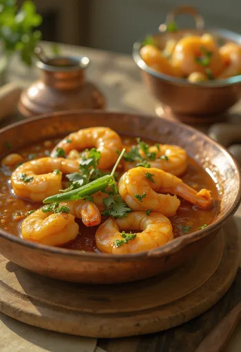 Chingri bhuna garam masalával, indiai fűszeres shrimp étel mandulával